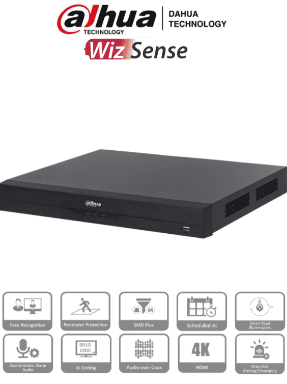 DAHUA DVR DE 32 CANALES 4K 8 MEGAPIXELES WIZSENSE CON IA 6 CANALES DE RECONOCIMIENTO FACIAL H.265+ HASTA 32 CANALES IP/ CODIFICACIÓN IA SMD PLUS 2 BAHÍAS DE DISCOS DUROS FUNCIONES IOT&amp;POS