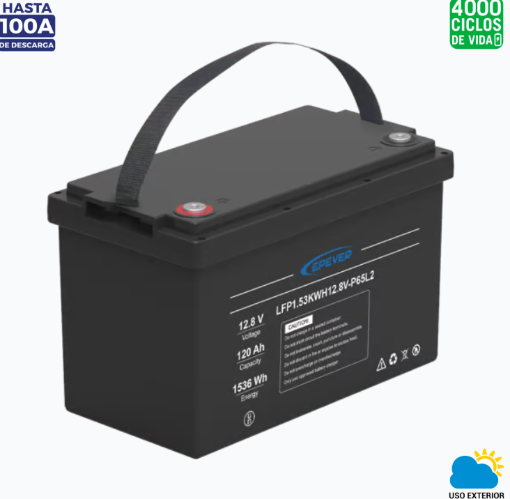 EPEVER BATERÍA DE LITIO LIFEPO4 CICLO PROFUNDO 12.8VCC, 120 AH, 1.53KWH, PARA EXTERIOR, LIBRE DE MANTENIMIENTO