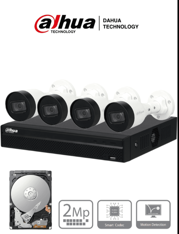 DAHUA KIT IP DE 4 CANALES CON NVR CON 4 PUERTOS POE, 1TB DE ALMACENAMIENTO, Y 4 CÁMARAS BULLET DE 2MP CON IR DE 30 METROS Y CLASIFICACIÓN IP67