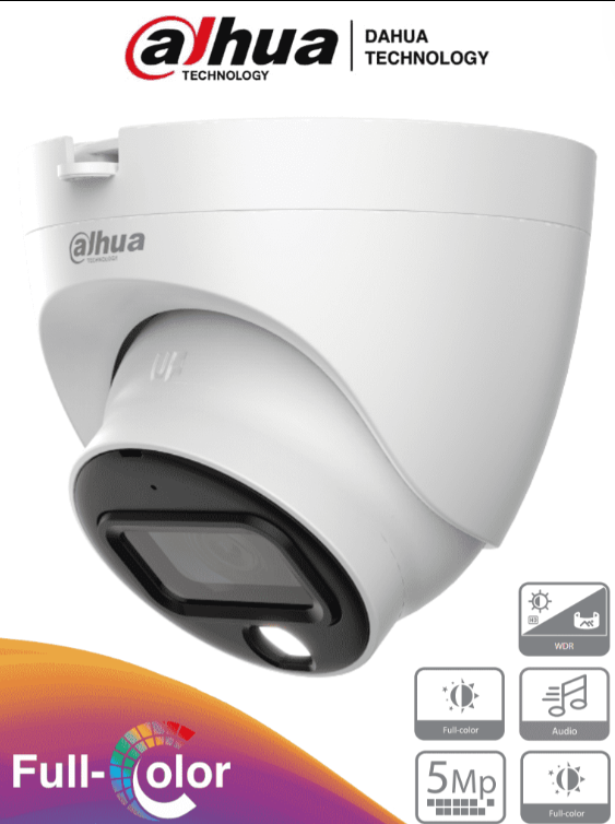 DAHUA CÁMARA DOMO FULL COLOR DE 5 MP CON MICRÓFONO INTEGRADO Y LENTE DE 3.6 MM CON 88° DE APERTURA. OFRECE IMAGEN A COLOR 24/7, WDR REAL DE 120 DB, LEDS PARA 20 METROS. RESISTENTE AL AGUA CON CLASIFICACIÓN IP67
