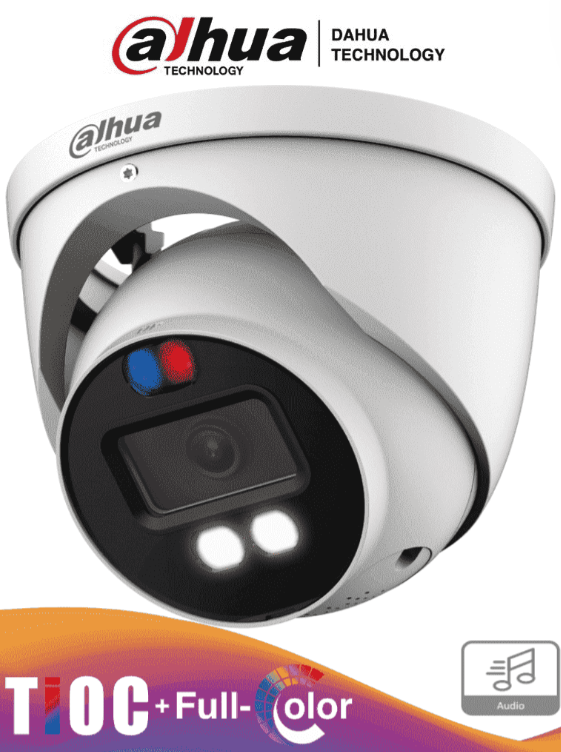 DAHUA CAMARA DOMO TIOC DE 5 MEGAPIXELES ILUMINADOR DUAL INTELIGENTE LENTE DE 2.8MM 111 GRADOS DE APERTURA 40 METROS DE ILUMINACIÓN VISIBLE E IR ESTROBO DE LUZ ROJA Y AZUL SUPER ADAPT MICROFONO INTEGRADO WDR REAL DH-HAC-ME1509HN-A-PV