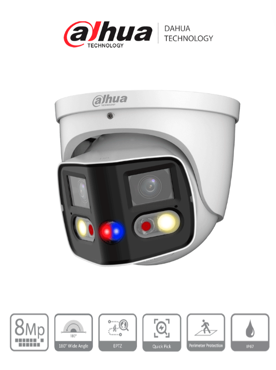 DAHUA CÁMARA DOMO IP WIZSENSE EYEBALL CON MULTIVISIÓN EN DOS SENSORES DE 4MP, OFRECIENDO UN ÁNGULO DE 180°. CON IR DE 25 M, LED DE 20 M, DISUASIÓN ACTIVA, EPTZ, MICRÓFONO, ALTAVOZ, Y PROTECCIÓN IP67 DH-IPC-PDW3849-A180-AS-PV