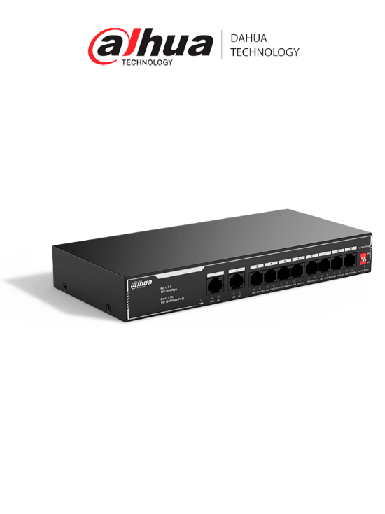 DAHUA SWITCH POE DE 10 PUERTOS FAST ETHERNET 8 PUERTOS POE 10/100  65 WATTS TOTALES  2 PUERTOS UPLINK RJ-45 POE WATCHDOG/ HASTA 250 METROS SWITCHING 12 GBPS PROTECCIÓN CONTRA DESCARGAS DH-SF1010LP
