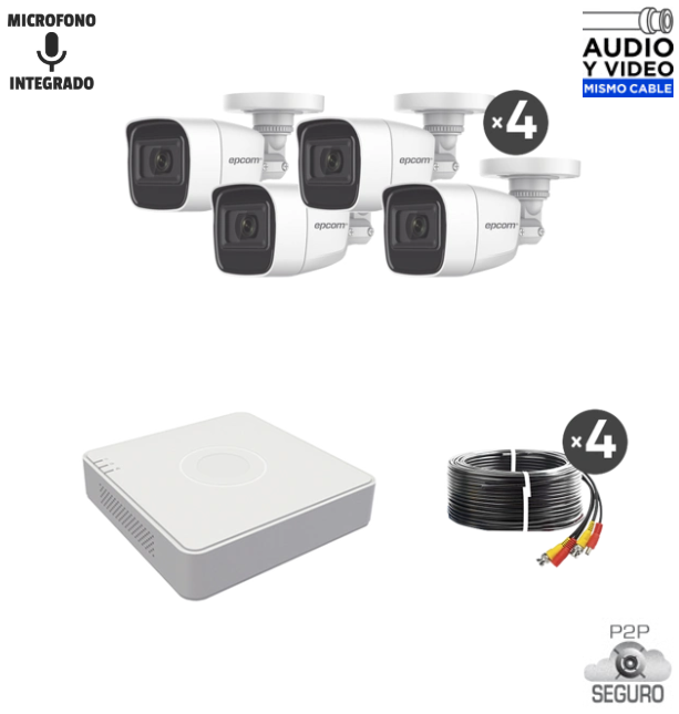 EPCOM KIT 4 CAMARAS 2MP BALA METAL MICROFONO INTEGRADO B8-KIT-MIC